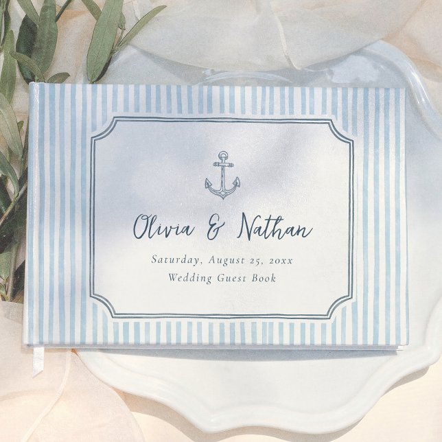 Whimsical Frame Retro Blue Stripes Wedding Guest Book (Creator Uploaded)
