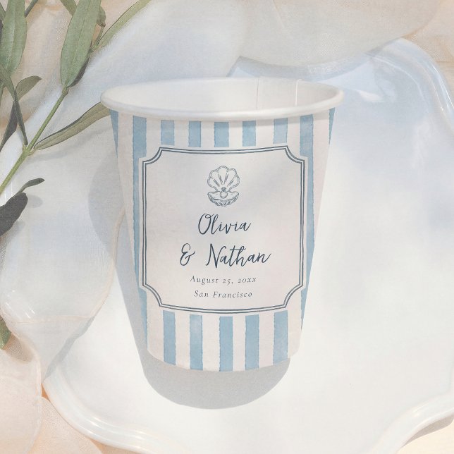 Whimsical Frame Retro Blue Stripes Wedding Paper Cups (Creator Uploaded)