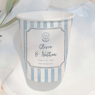 Whimsical Frame Retro Blue Stripes Wedding Paper Cups