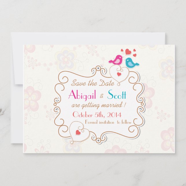 Whimsical frame with birds n hearts save the date invitation (Front)