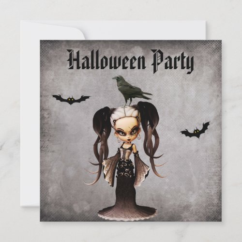 Whimsical Frankie Bride  Crow Damask Halloween Invitation
