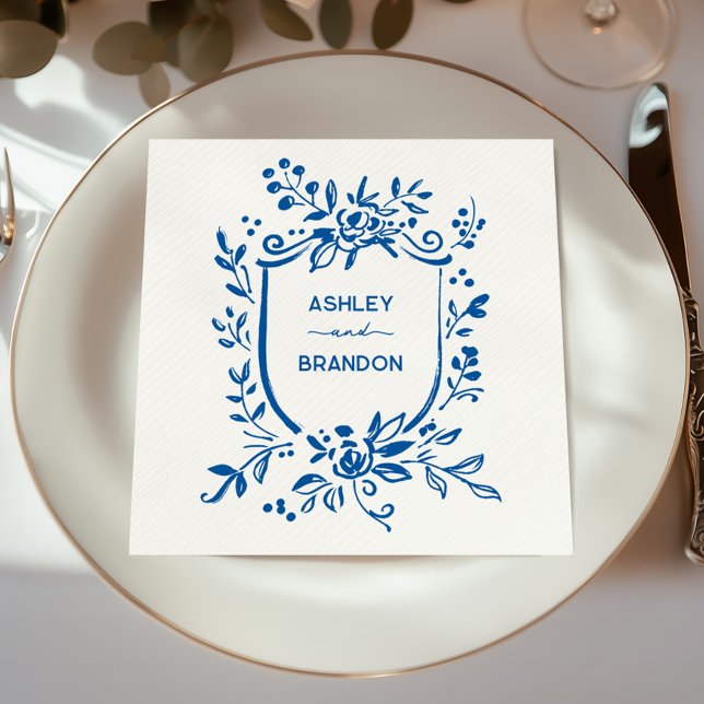 Whimsical French Blue Botanical Crest Wedding Napkins (Creator Uploaded)