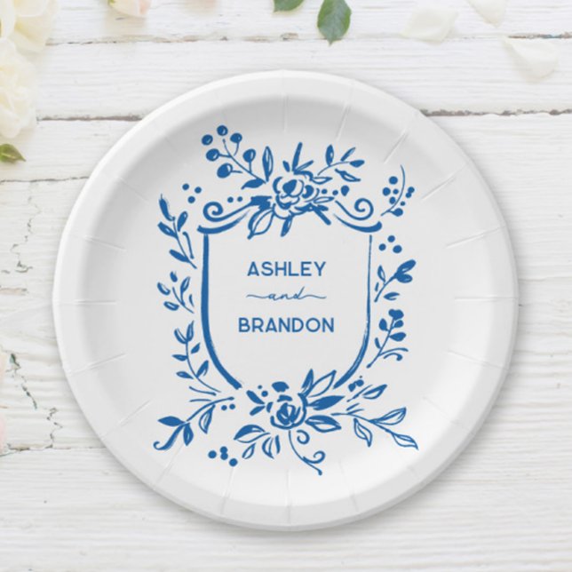 Whimsical French Blue Botanical Crest Wedding Paper Plates (Creator Uploaded)