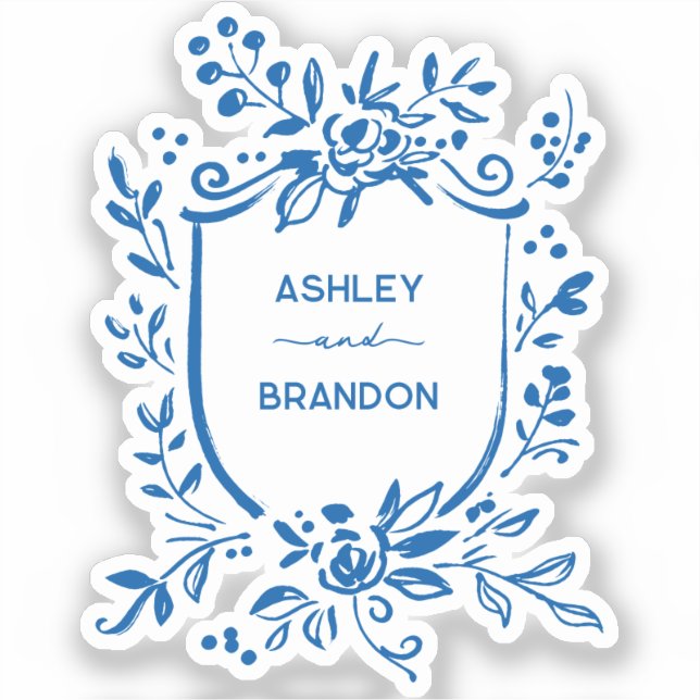 Whimsical French Blue Botanical Crest Wedding Sticker (Front)