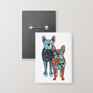 Whimsical French Bulldogs Folk Art Doodle Rectangl Button