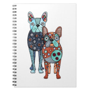 Whimsical French Bulldogs Folk Art Doodle Wireboun Notebook