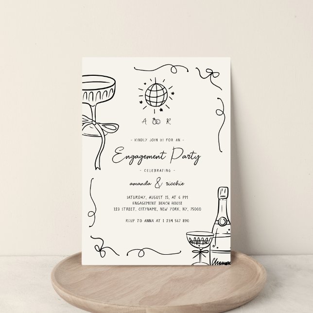 Whimsical French Fun Hand Drawn Engagement Party Invitation (Change graphic's colors by going to "Edit using Design tool")