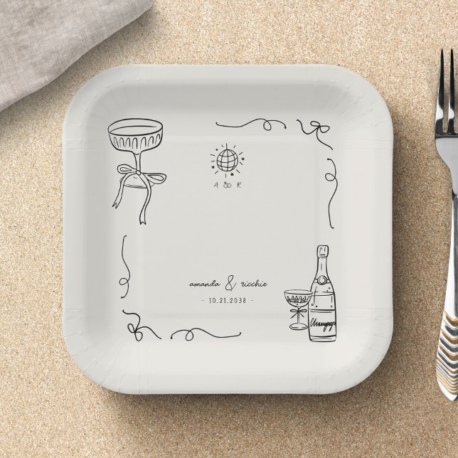 Whimsical French Fun Hand Drawn Engagement Party Paper Plates (Creator Uploaded)