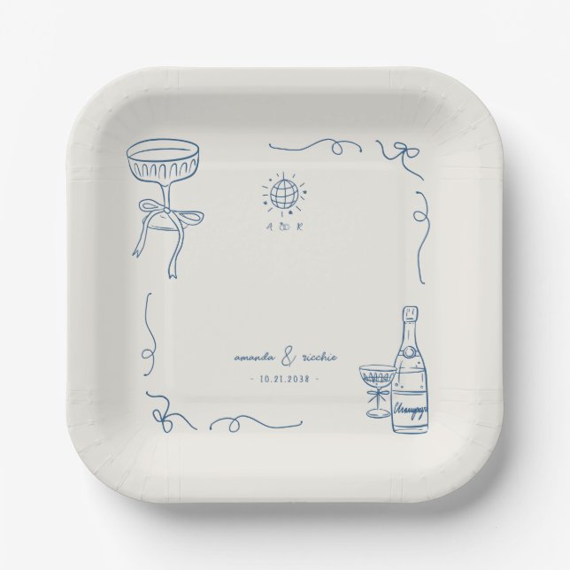 Whimsical French Fun Hand Drawn Engagement Party Paper Plates (Front)