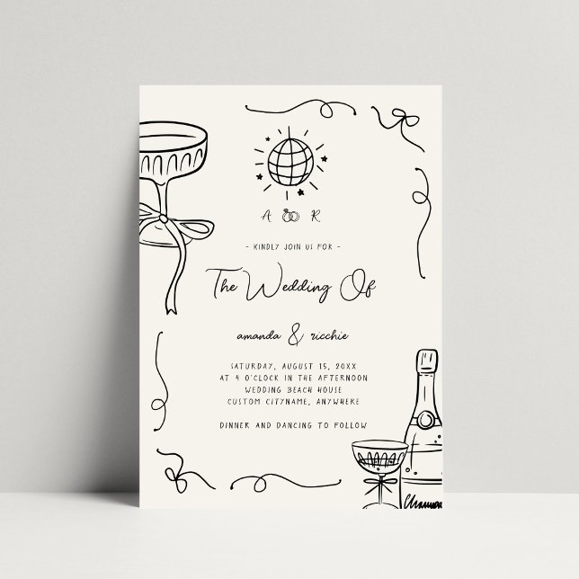 Whimsical French Fun Monogram Hand Drawn Wedding Invitation (✨✨ Edit colors in the Design Tool ✨✨)