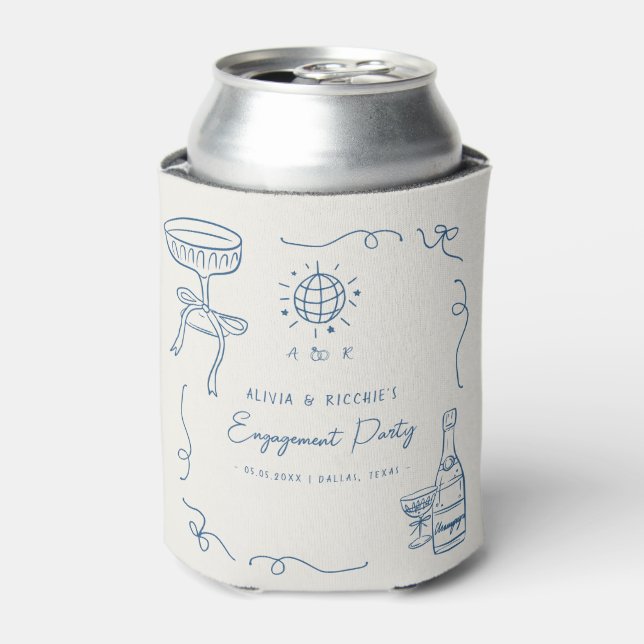 Whimsical French Hand Drawn Engagement Party Favor Can Cooler (Can Front)