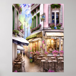Whimsical French Street Cafe Poster, watercolour Poster