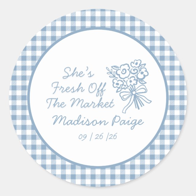 Whimsical Fresh Off The Market Blue Bridal Shower Classic Round Sticker (Front)