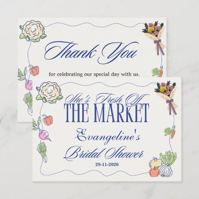 Whimsical Fresh Off the Market Bridal Shower  Thank You Card (Front/Back)