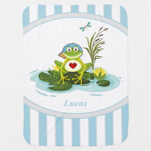 Whimsical Frog  Blue Striped Baby Blanket