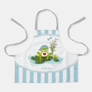 Whimsical Frog Blue Striped Personalized Kid Apron
