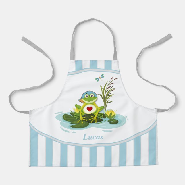 Whimsical Frog | Blue Striped Personalized Kid Apron (Front)