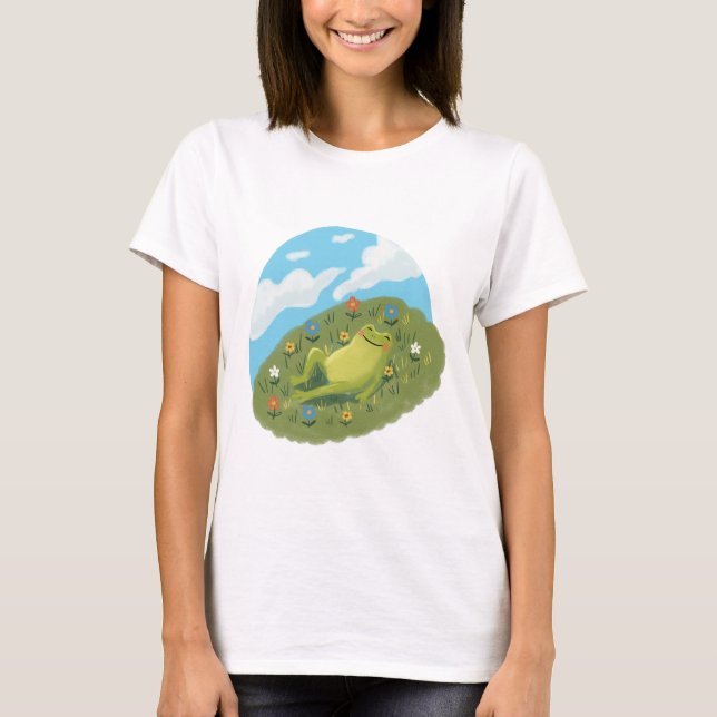 Whimsical Frog Chilling On The Hill Illustration T-Shirt (Front)