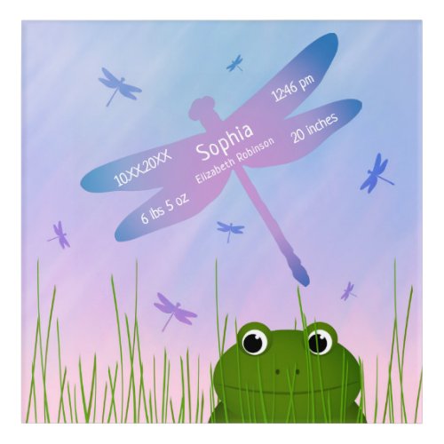 whimsical frog dragonflies baby girl birth stats acrylic print