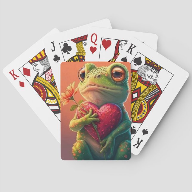 Whimsical Frog Holding Heart  Poker Cards (Back)