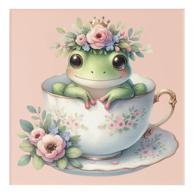 Whimsical Frog in Floral Teacup Acrylic Print (Front)