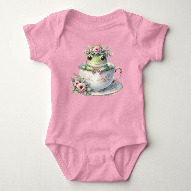 Whimsical Frog in Floral Teacup Baby Bodysuit (Front)