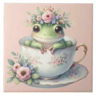 Whimsical Frog in Floral Teacup Ceramic Tile