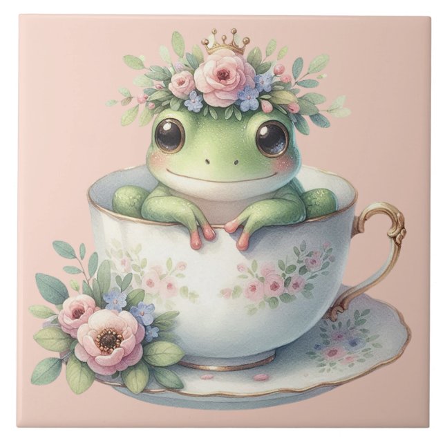 Whimsical Frog in Floral Teacup  Ceramic Tile (Front)