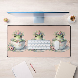 Whimsical Frog in Floral Teacup Desk Mat