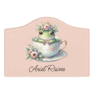 Whimsical Frog in Floral Teacup Door Sign