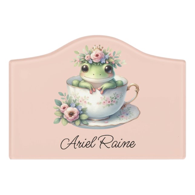 Whimsical Frog in Floral Teacup Door Sign (Small Crest Front)