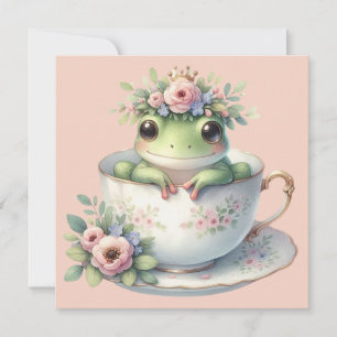 Whimsical Frog in Floral Teacup Flat Greeting Card