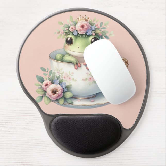 Whimsical Frog in Floral Teacup Gel Mouse Pad (Left Side)