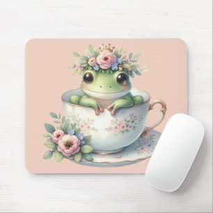 Whimsical Frog in Floral Teacup Mouse Pad
