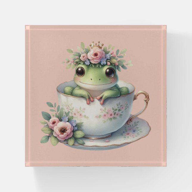Whimsical Frog in Floral Teacup Paperweight (Front)