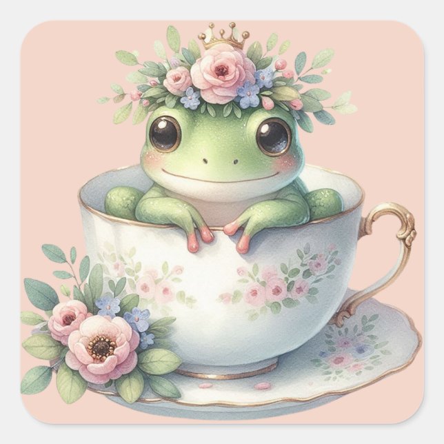 Whimsical Frog in Floral Teacup  Square Sticker (Front)