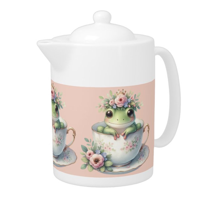 Whimsical Frog in Floral Teacup Teapot (Right)