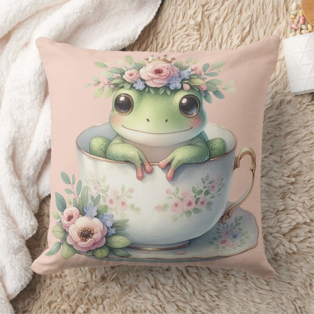 Whimsical Frog in Floral Teacup Throw Pillow (Blanket)