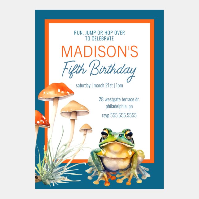 Whimsical Frog & Mushroom Woodland Birthday Party Invitation (Front)