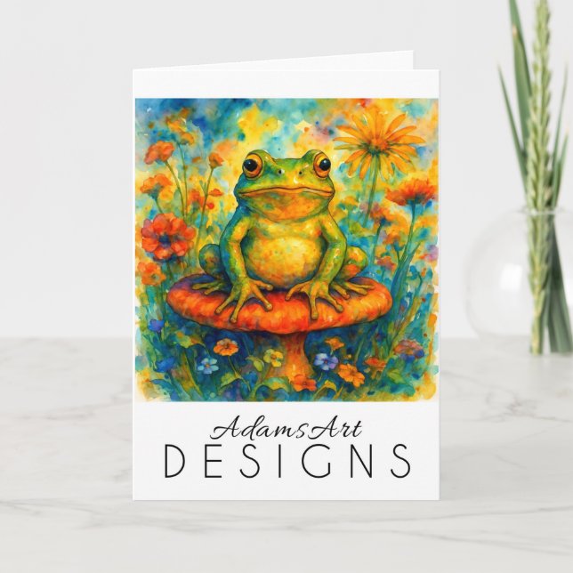 Whimsical Frog on Mushroom Watercolor Card (Front)