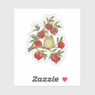 Whimsical Frog on Pomegranate Branch Botanical Art Sticker