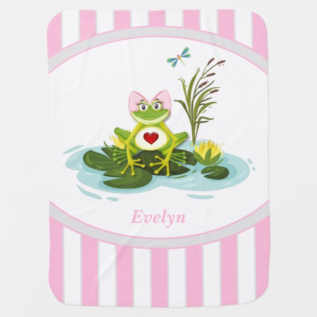 Whimsical Frog | Pink Striped Baby Blanket (Front)