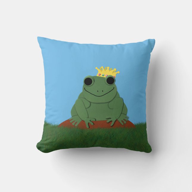 Whimsical Frog Prince with Crown Throw Pillow (Front)