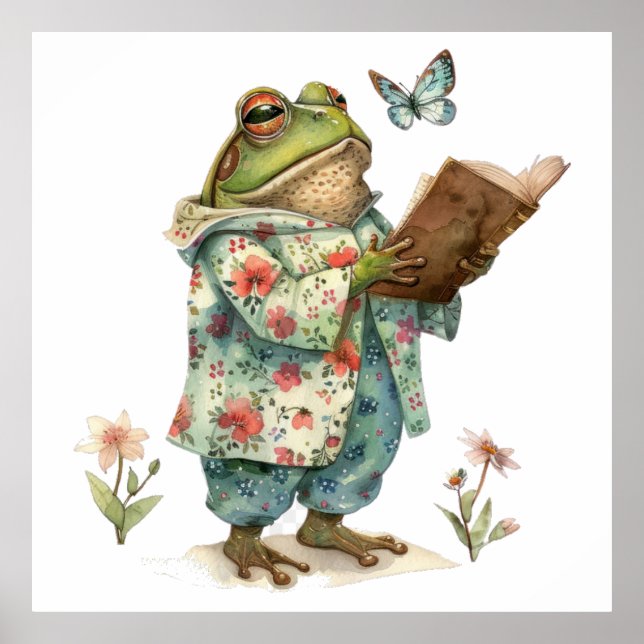 Whimsical frog reading book poster (Front)