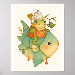 Whimsical Frog Riding a Fish Poster