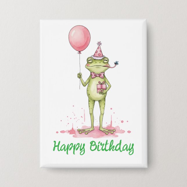 Whimsical Frog with Balloon Birthday Party Button (Front)
