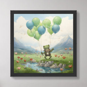 Whimsical frog with blue and green balloons framed art