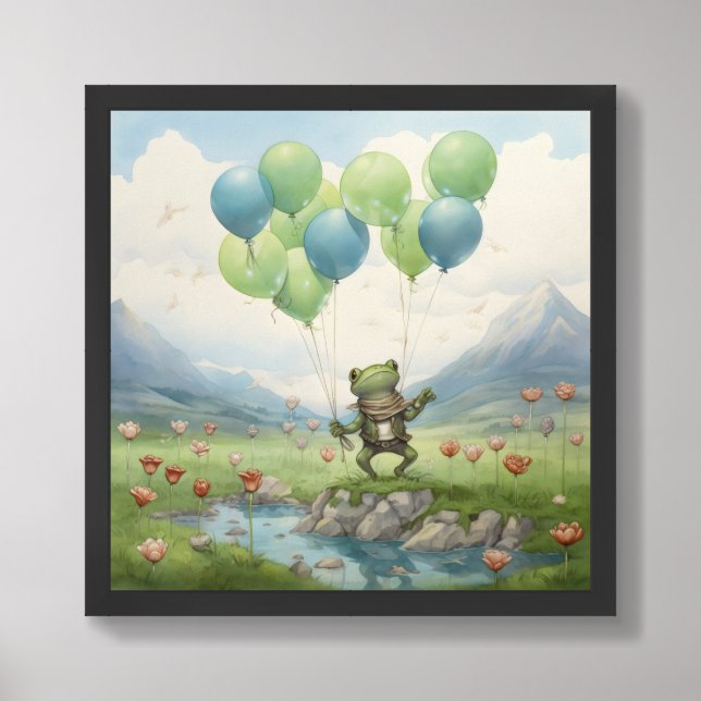 Whimsical frog with blue and green balloons framed art (Framed Front)