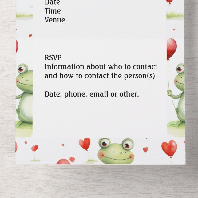 Whimsical Frog with red heart balloons All In One Invitation (Inside Bottom)