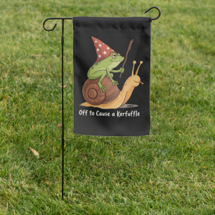 Whimsical Frog Wizard Off to Cause A Kerfuffle Garden Flag